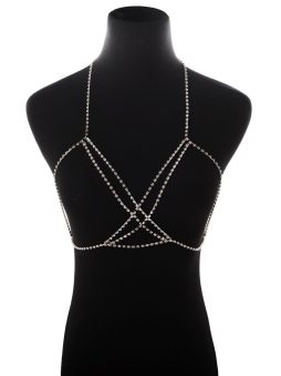 Sexy Body Chain Necklace Bohemian Beach Choker Necklace Multilayer Rhinestone Layered Cross Bikini Bra Body Chain Necklace For Women