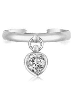 Sterling Silver Rhodium Finished Heart Cubic Zirconia Charm Toe Ring