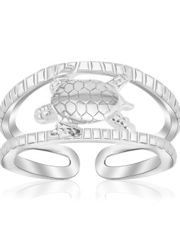 Sterling Silver Rhodium Plated Open Toe Ring with a Turtle Accent